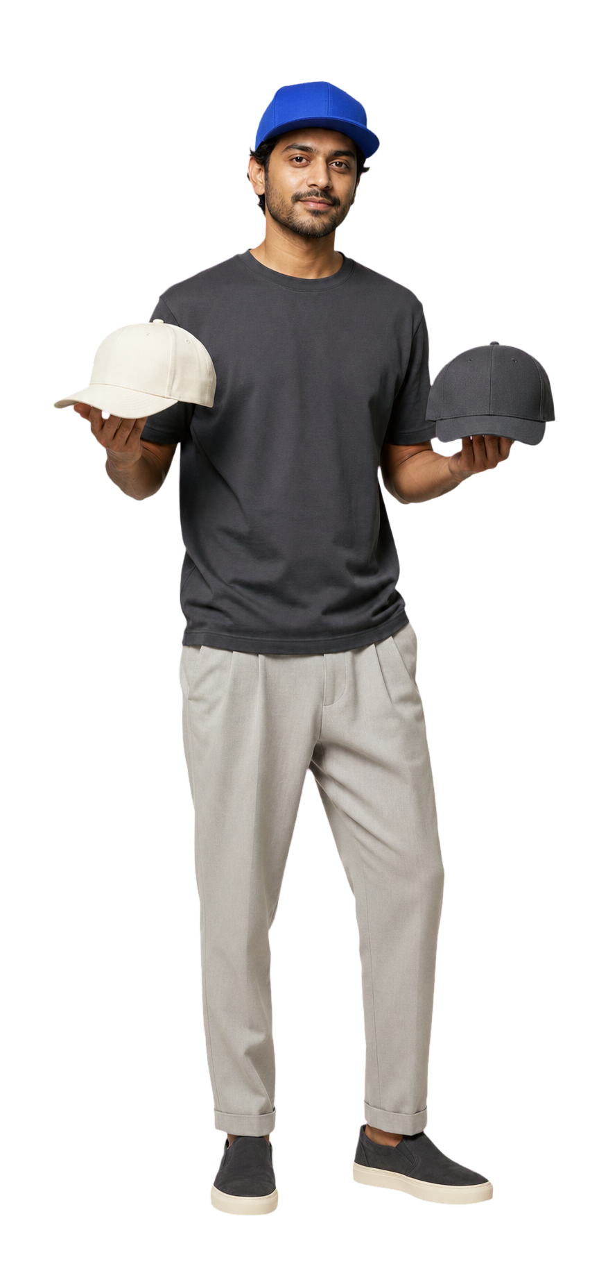 Designer wearing a plain cobalt cap