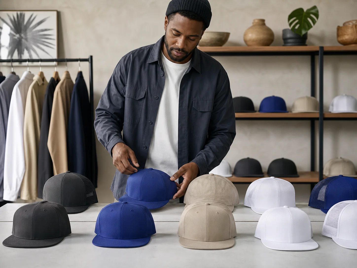 Reseller arranging plain caps