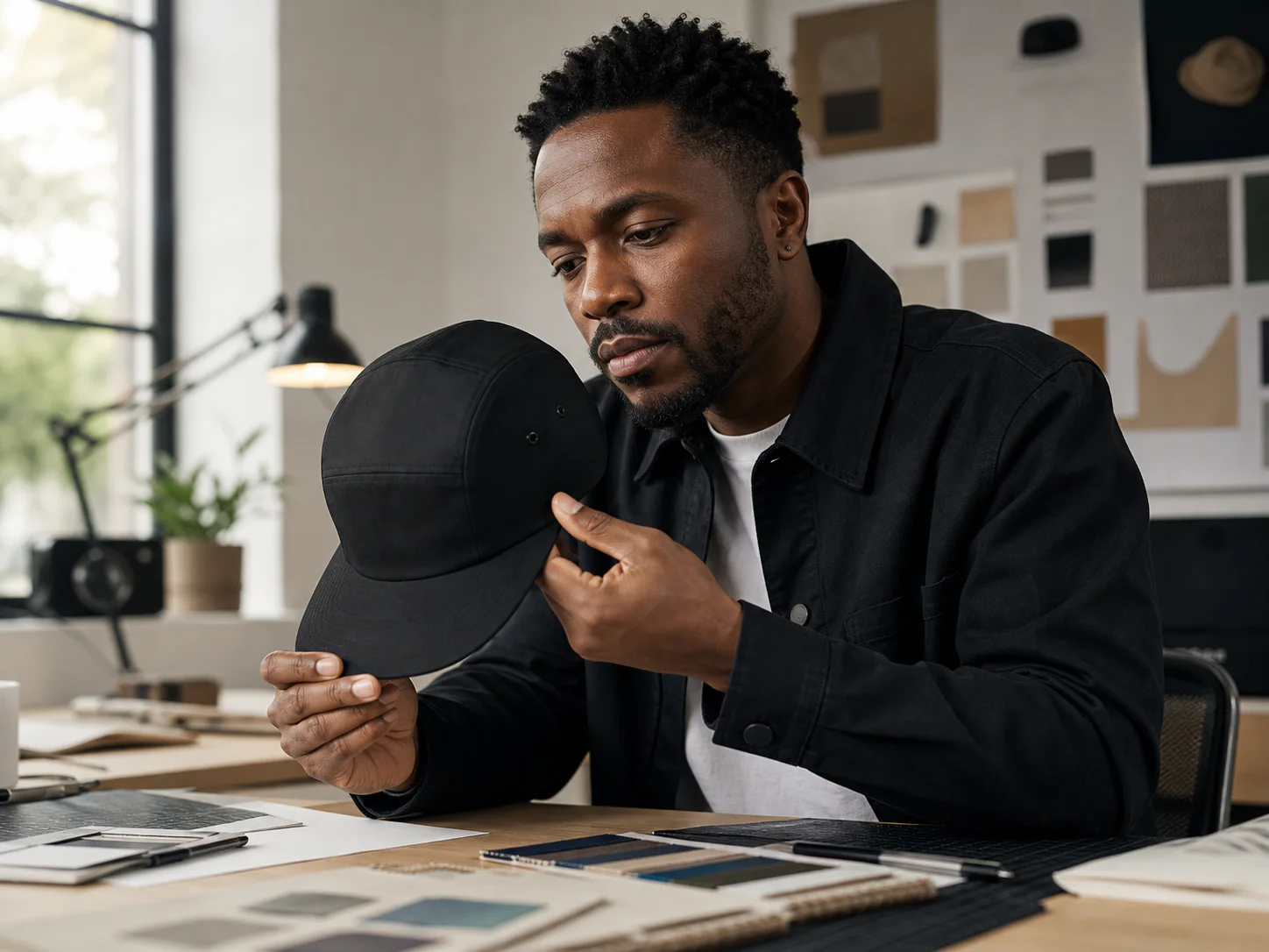 Creative examining a black cap